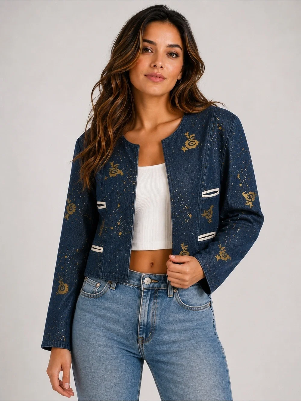 Howard Wolf Vtg Denim Cropped Blazer Jacket Gold Paint Splatter Floral Size 8 - Picture 1 of 9